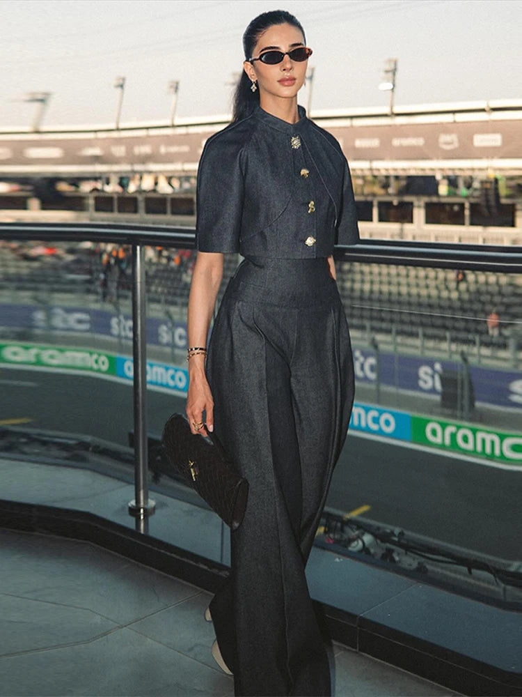 Women's Tailored Cropped Jacket & Wide Leg Trousers Co-Ord Set | Elegant Formal Two Piece Outfit