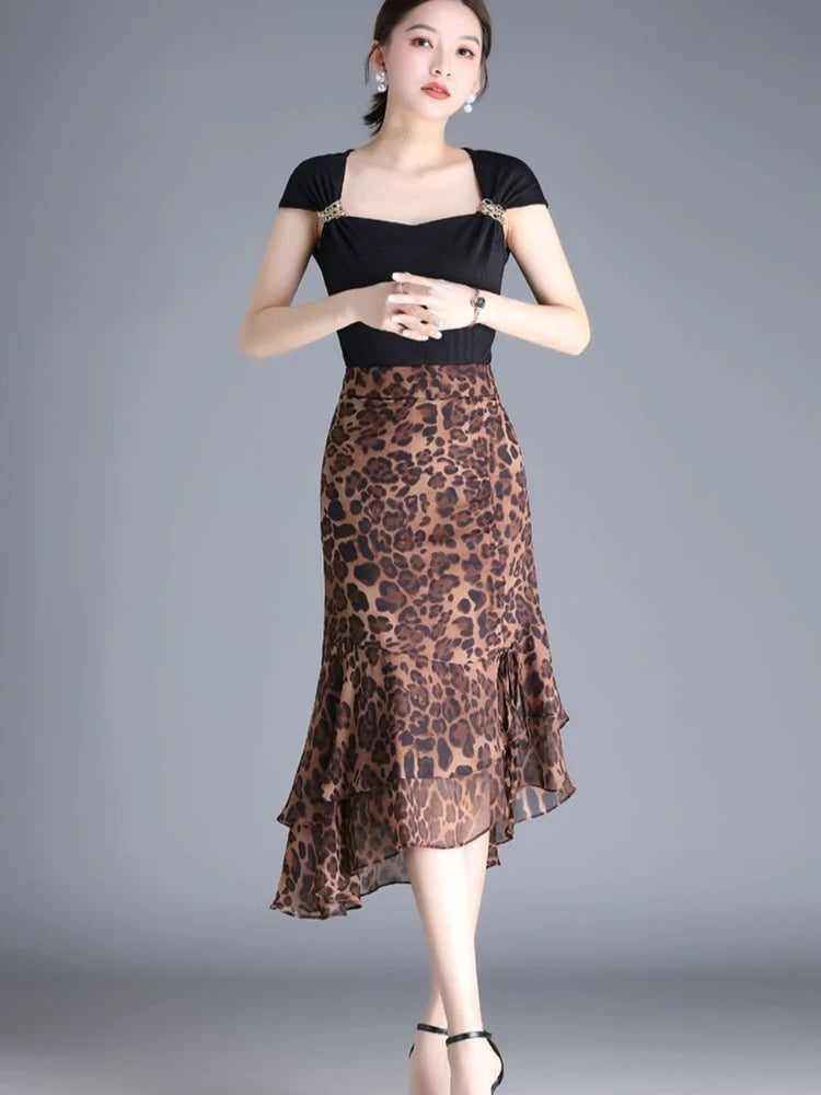 Women Leopard Print Ruffle Midi Skirt High Waist Ruched Mermaid Skirt