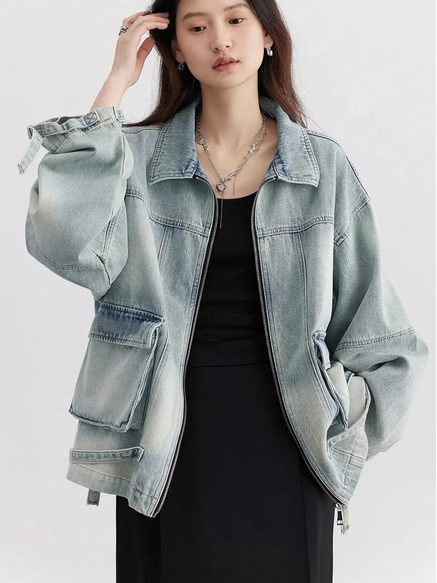 Women’s Oversized Washed Denim Jacket | Vintage Zip Up Casual Streetwear Jean Jacket