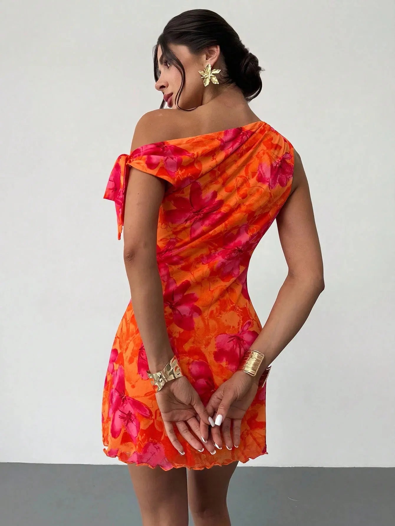 Women’s One-Shoulder Floral Mini Dress | Tropical Orange Pink Bodycon Summer Party Dress