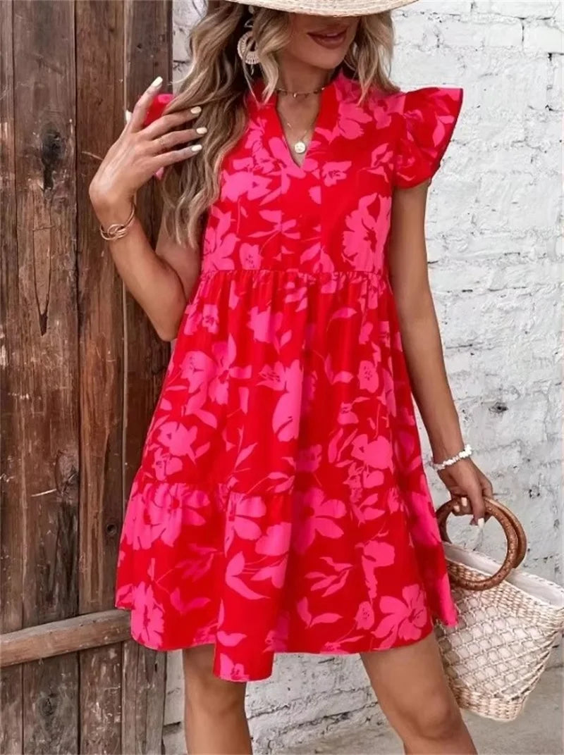 Floral Mini Dress Women | V Neck Ruffle Sleeve A Line Summer Dress