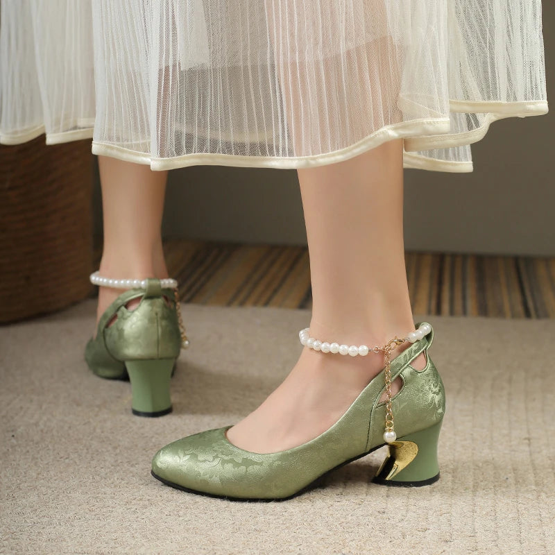 Women’s Pearl Strap Mary Jane Heels – Elegant Floral Pumps for Party, Wedding & Occasion Wear