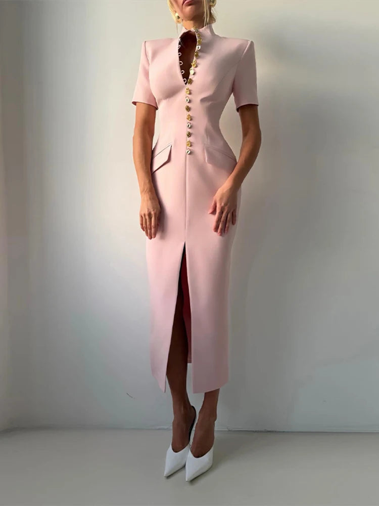 Women's Tailored Midi Dress with Statement Button Detail | Elegant Formal Occasion Dress