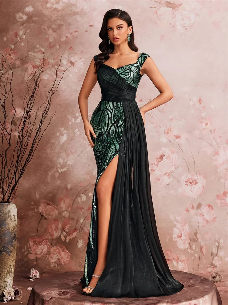 Women’s Emerald Green Sequin Mermaid Evening Gown | One Shoulder Formal Dress with High Slit & Chiffon Drape for Prom, Galas & Weddings