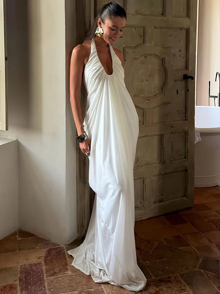 Women’s White Grecian Halter Maxi Dress | Elegant Draped Backless Evening Gown for Weddings & Resort Wear