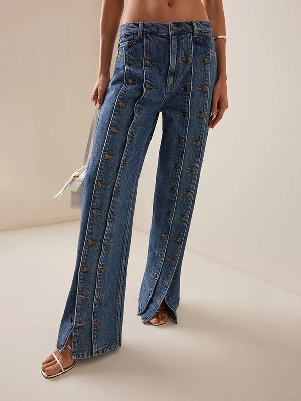 Women High Waist Wide Leg Button Detail Jeans Vintage Streetwear Denim Pants
