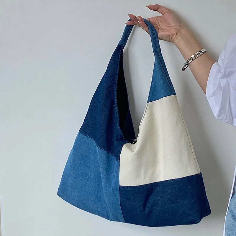 Denim Hobo Shoulder Bag for Women | Casual Patchwork Tote Handbag | Minimalist Everyday Purse | Trendy Denim Carry Bag