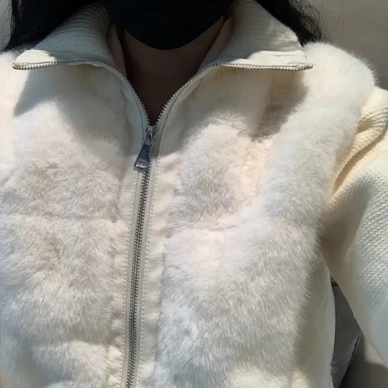 Women’s Faux Fur Knit Zip Cardigan | Luxe Cream Winter Sweater Jacket Coat