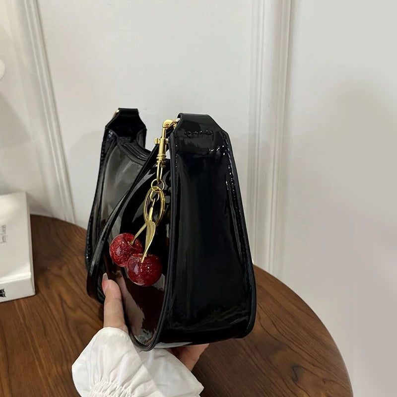 Cherry Charm Patent Leather Shoulder Bag for Women | Y2K Crescent Hobo Bag | Glossy Crossbody Purse | Cute Retro Handbag