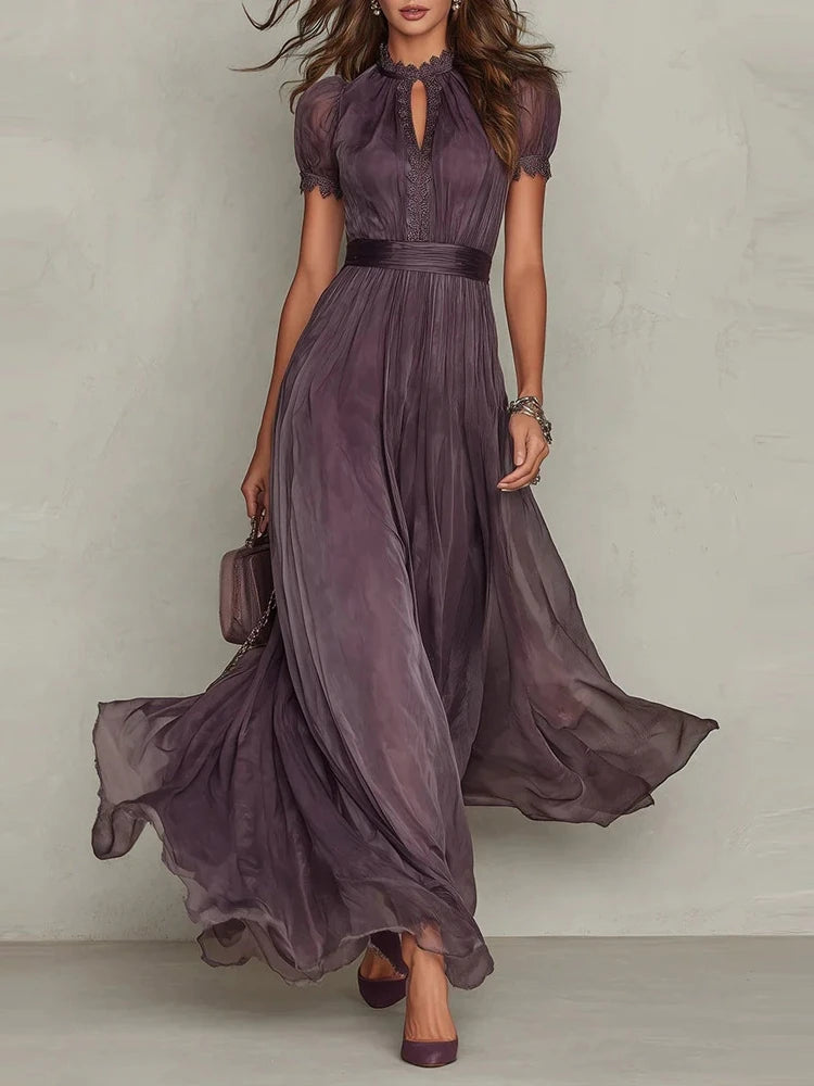 Women’s Vintage Plum Chiffon Maxi Dress | Elegant Puff Sleeve Pleated Formal Dress for Weddings, Evening Parties & Special Occasions