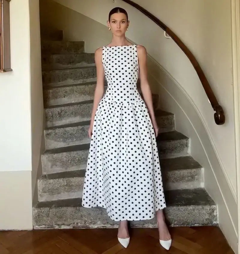 Women’s White Polka Dot Sleeveless Maxi Dress | Vintage Fit & Flare A-Line Midi Dress for Weddings, Garden Parties & Summer Events