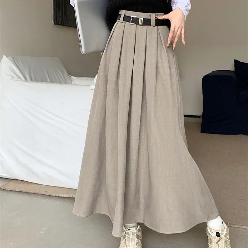 Women High Waist Pleated Maxi Skirt Elegant Flowy A Line Long Skirt