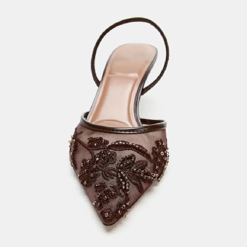 Women’s Embroidered Mesh Slingback Heels – Elegant Pointed Toe Party Pumps for Wedding & Evening Wear