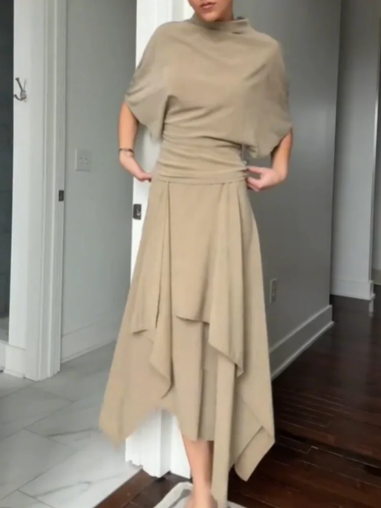 Women's Draped High Neck Top & Asymmetric Midi Skirt Co-Ord Set | Elegant Occasion Two Piece Outfit
