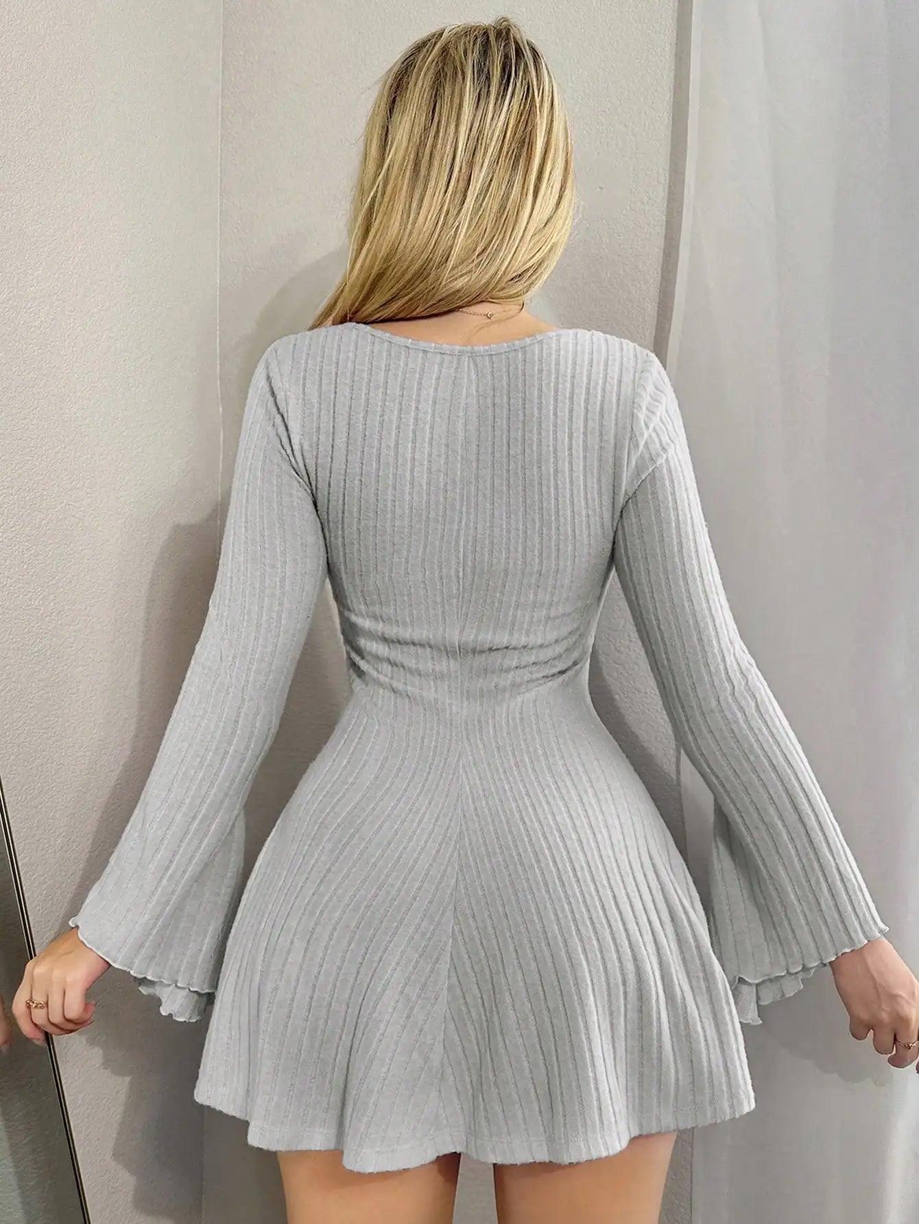 Ribbed Knit Mini Dress Women | Long Sleeve Flare Sleeve Skater Dress