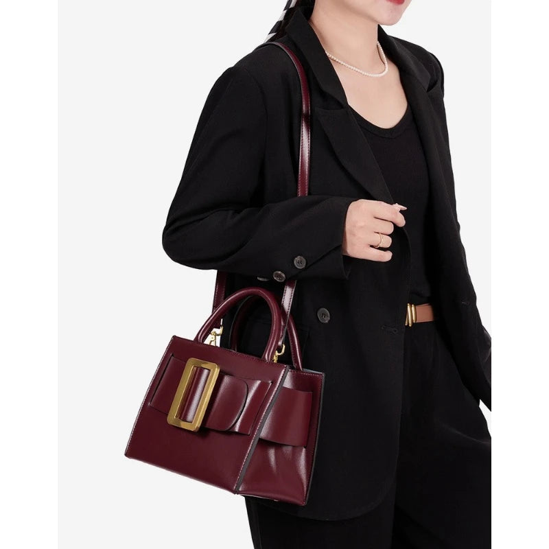 Burgundy Buckle Top Handle Handbag for Women | Luxury Structured Satchel Purse | Elegant Crossbody Shoulder Bag