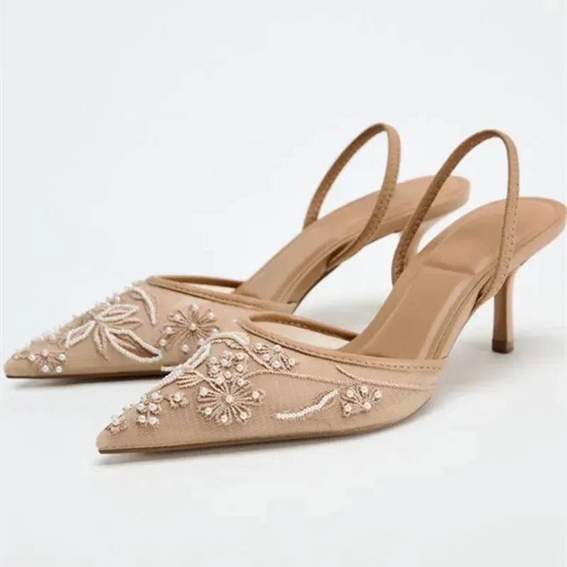 Women’s Embroidered Mesh Slingback Heels – Elegant Pointed Toe Party Pumps for Wedding & Evening Wear