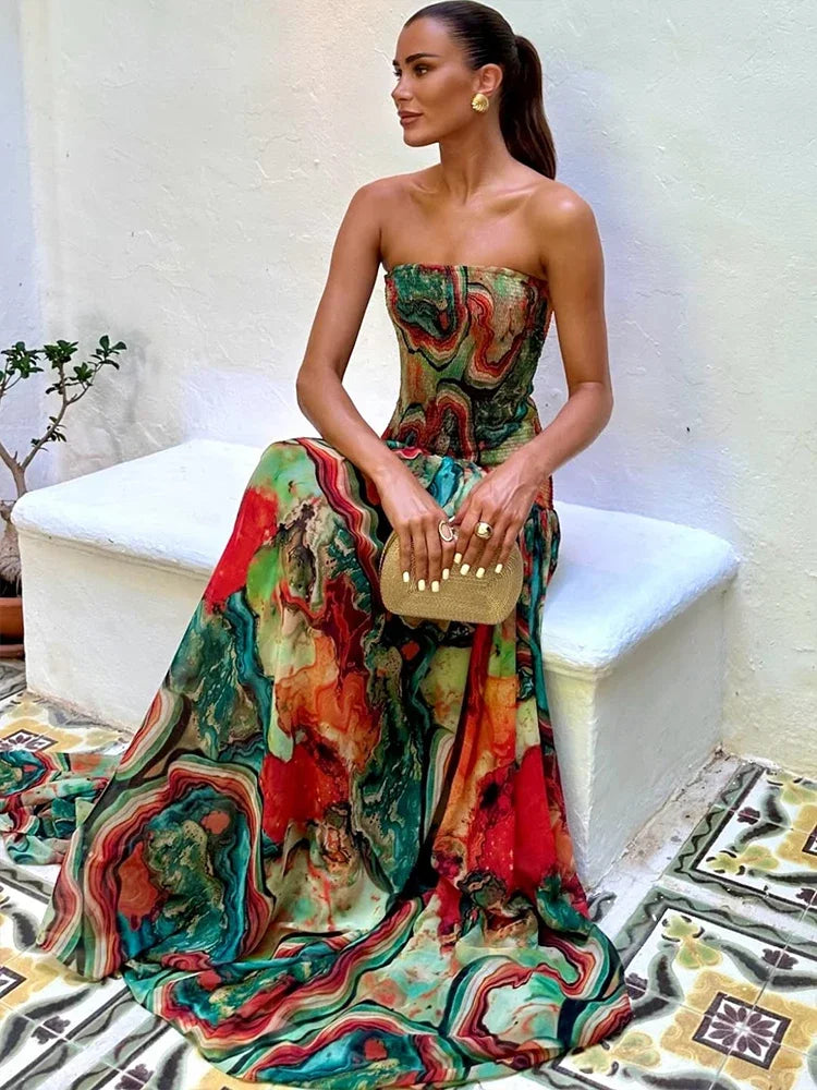 Women’s Strapless Abstract Print Maxi Dress | Bohemian Smocked Resort Gown for Vacations, Beach Weddings & Summer Events