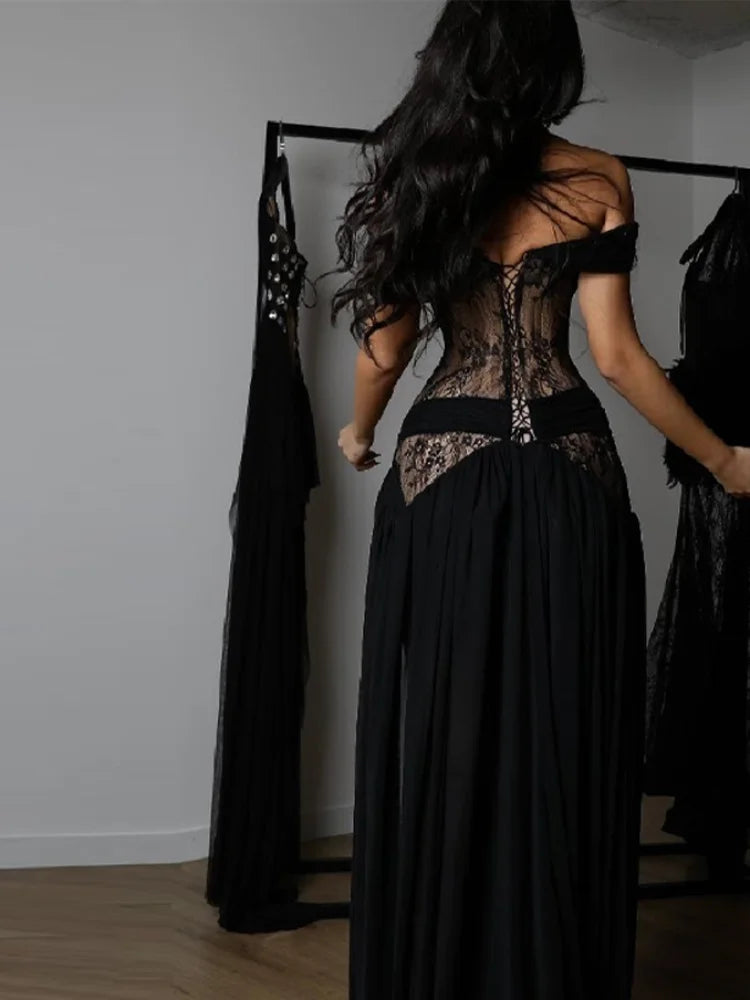 Women’s Black Off Shoulder Lace Maxi Dress | Elegant High Slit Evening Gown with Sheer Corset Bodice for Galas, Prom & Formal Events