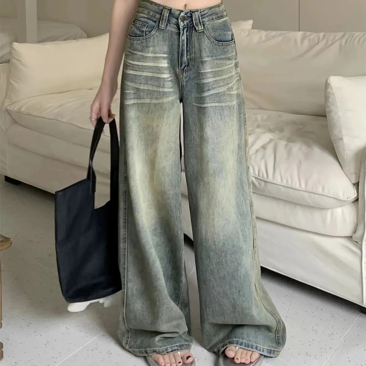 Women Vintage Wide Leg Jeans High Waist Baggy Denim Pants Streetwear Trousers