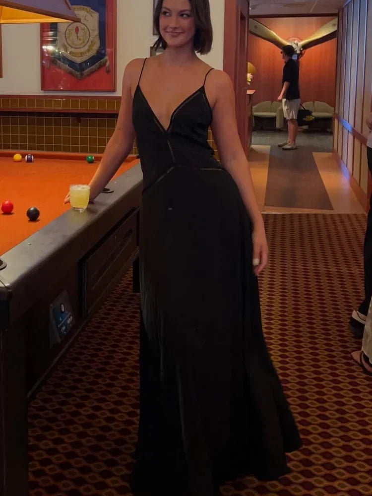 Women’s Black Backless Maxi Dress | Elegant Deep V-Neck Strappy Evening Gown for Vacations & Special Occasions