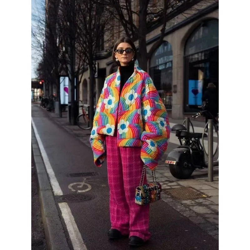 Women’s Rainbow Quilted Puffer Jacket | Colorful Floral Statement Winter Coat