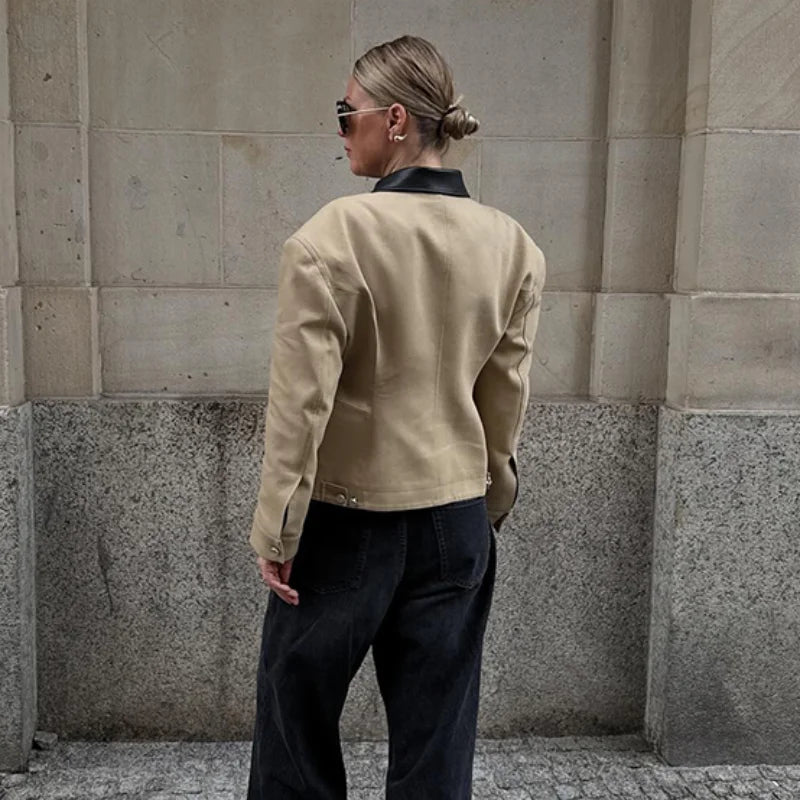 Women’s Beige Faux Leather Jacket | Vintage Minimalist Zip-Up Slim Fit Moto Coat