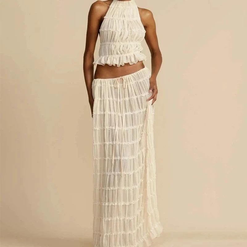 Women's Textured Halter Crop Top & Maxi Skirt Co-Ord Set | Elegant Resort Two Piece Outfit