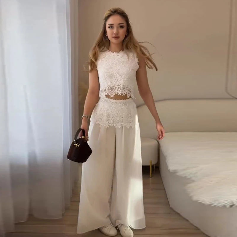 Women's Lace Peplum Top & Wide Leg Trousers Co-Ord Set | Elegant Occasion Two Piece Outfit
