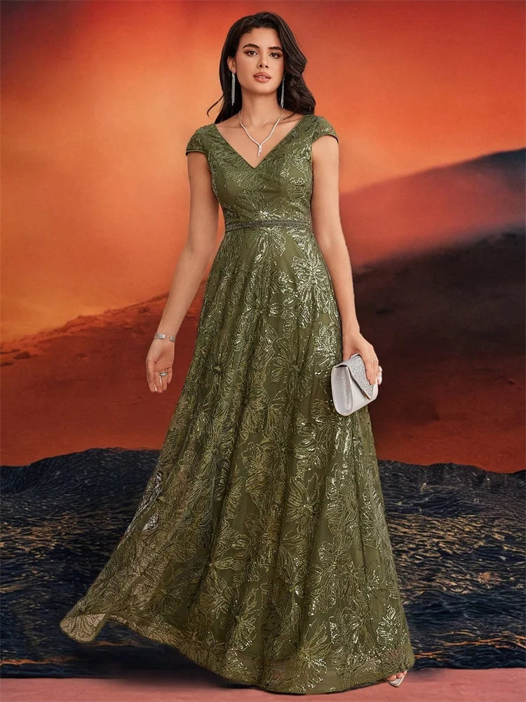 Women’s Olive Green Lace Evening Gown | V-Neck A-Line Formal Maxi Dress for Weddings, Mother of the Bride, Galas & Special Occasions