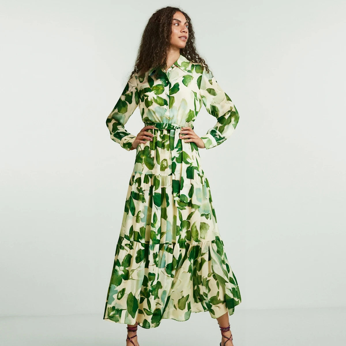 Women’s Green Floral Maxi Dress | Elegant Long Sleeve Belted Botanical Shirt Dress