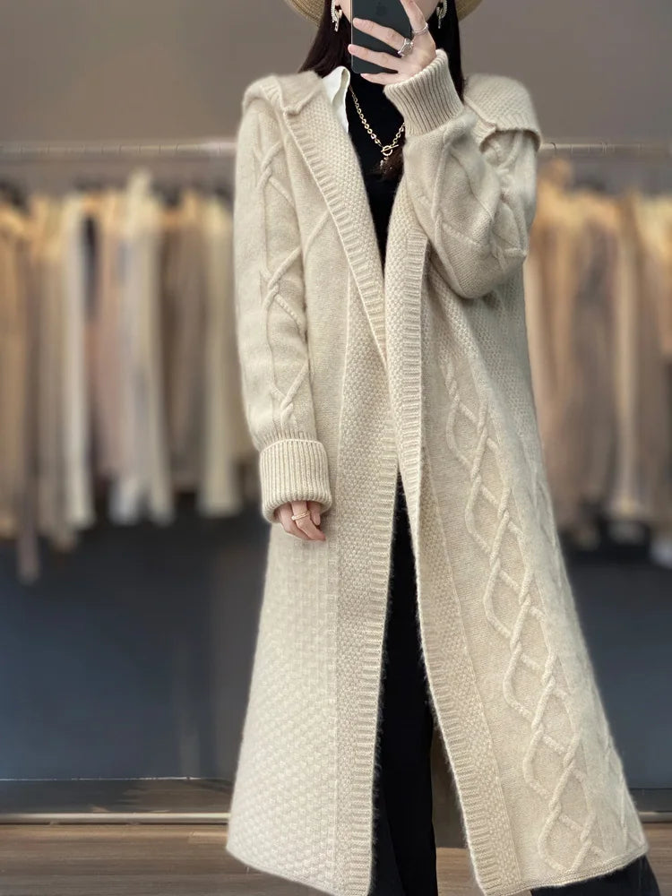 Women’s Long Cable Knit Cardigan | Oversized Cream Cozy Sweater Coat