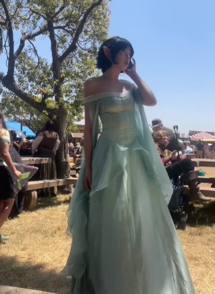 Women’s Sage Green Off Shoulder Princess Ball Gown | Corset Maxi Dress with Cape Sleeves for Prom, Renaissance Fair & Formal Events