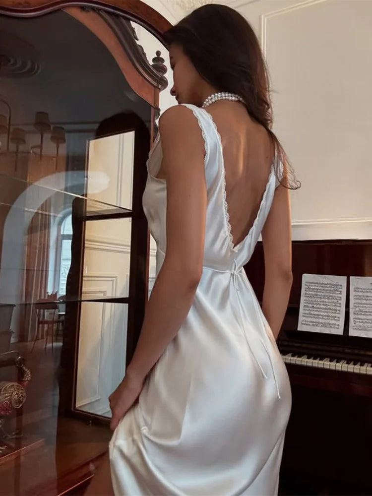 White Satin Slip Dress Women | Elegant Silk Look Midi Dress