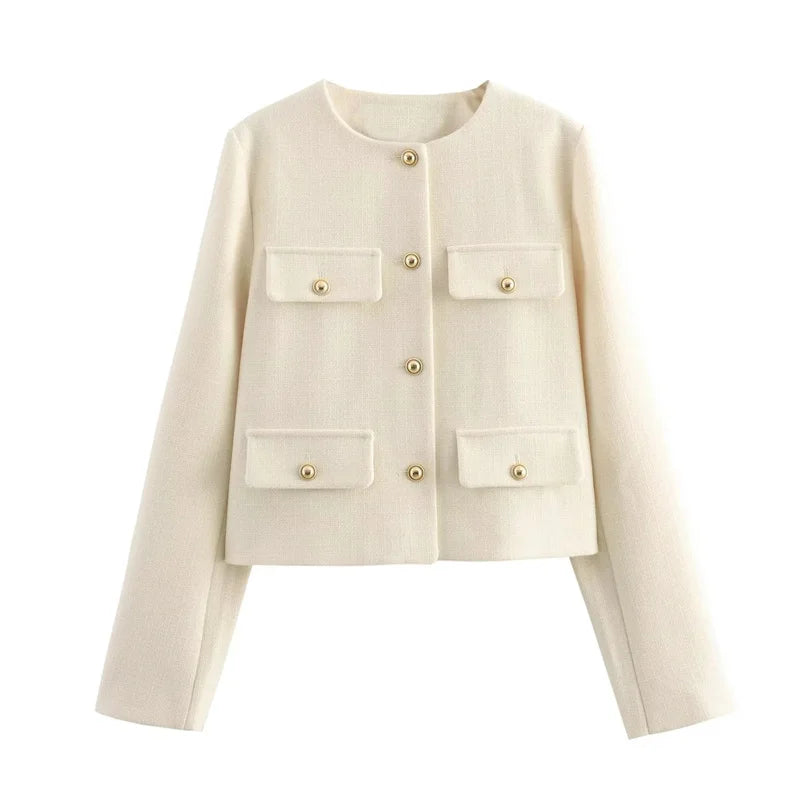 Women’s Elegant Cropped Blazer Jacket | Minimalist Button-Up Office Coat