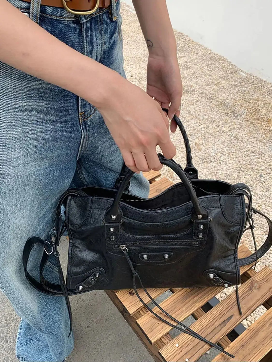 Vintage Motorcycle Leather Tote Bag for Women | Large Slouchy Shoulder Handbag | Y2K Retro Crossbody Satchel | Everyday Travel Purse