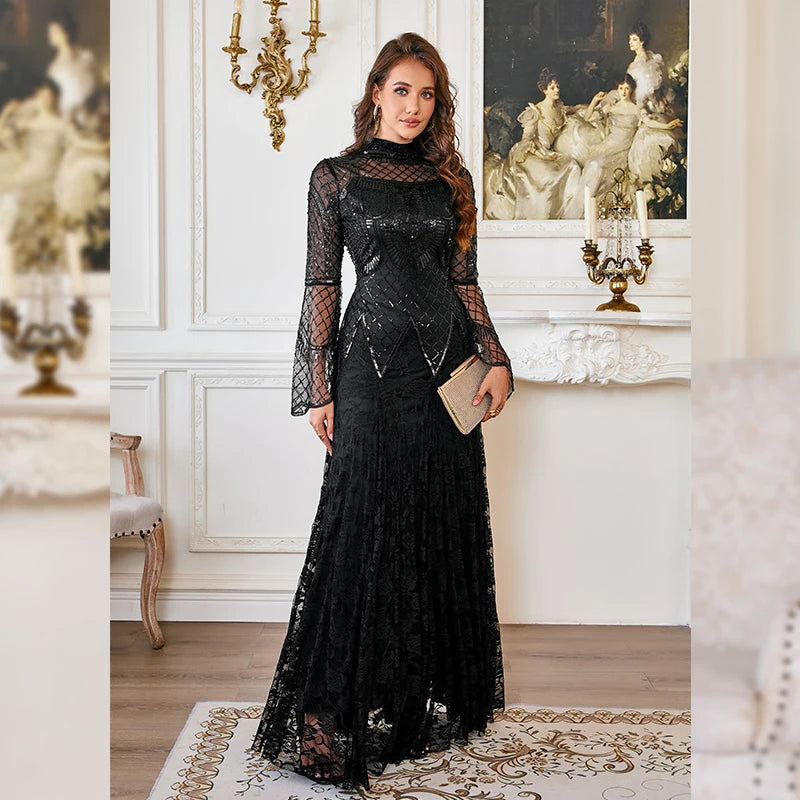 Women’s Black Lace Maxi Dress | Elegant Long Sleeve High Neck Evening Gown for Weddings, Formal Parties & Special Occasions