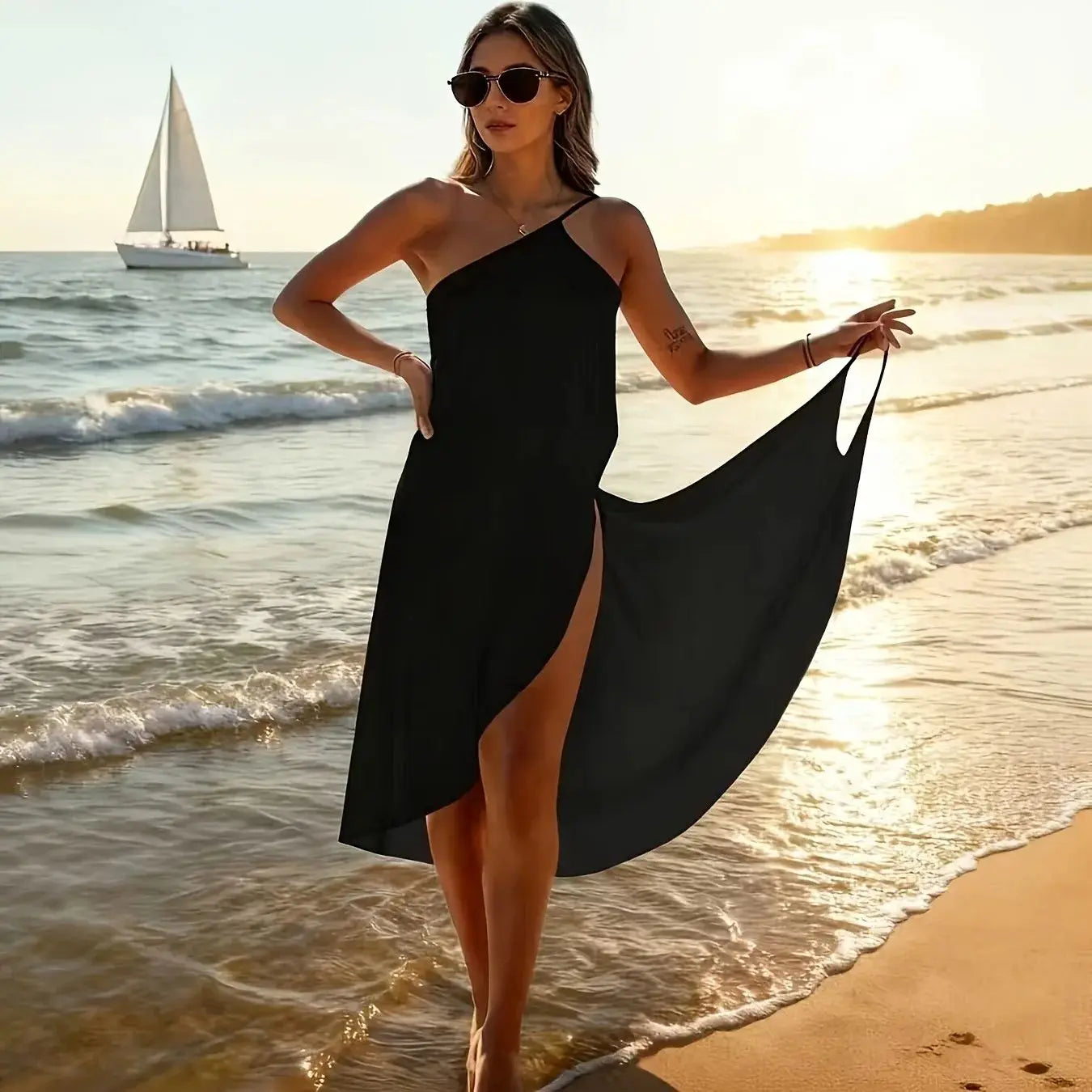 Women’s Black One Shoulder Maxi Dress | Asymmetrical Sleeveless Beach Cover Up Dress with High Slit for Vacation, Resort & Summer Wear