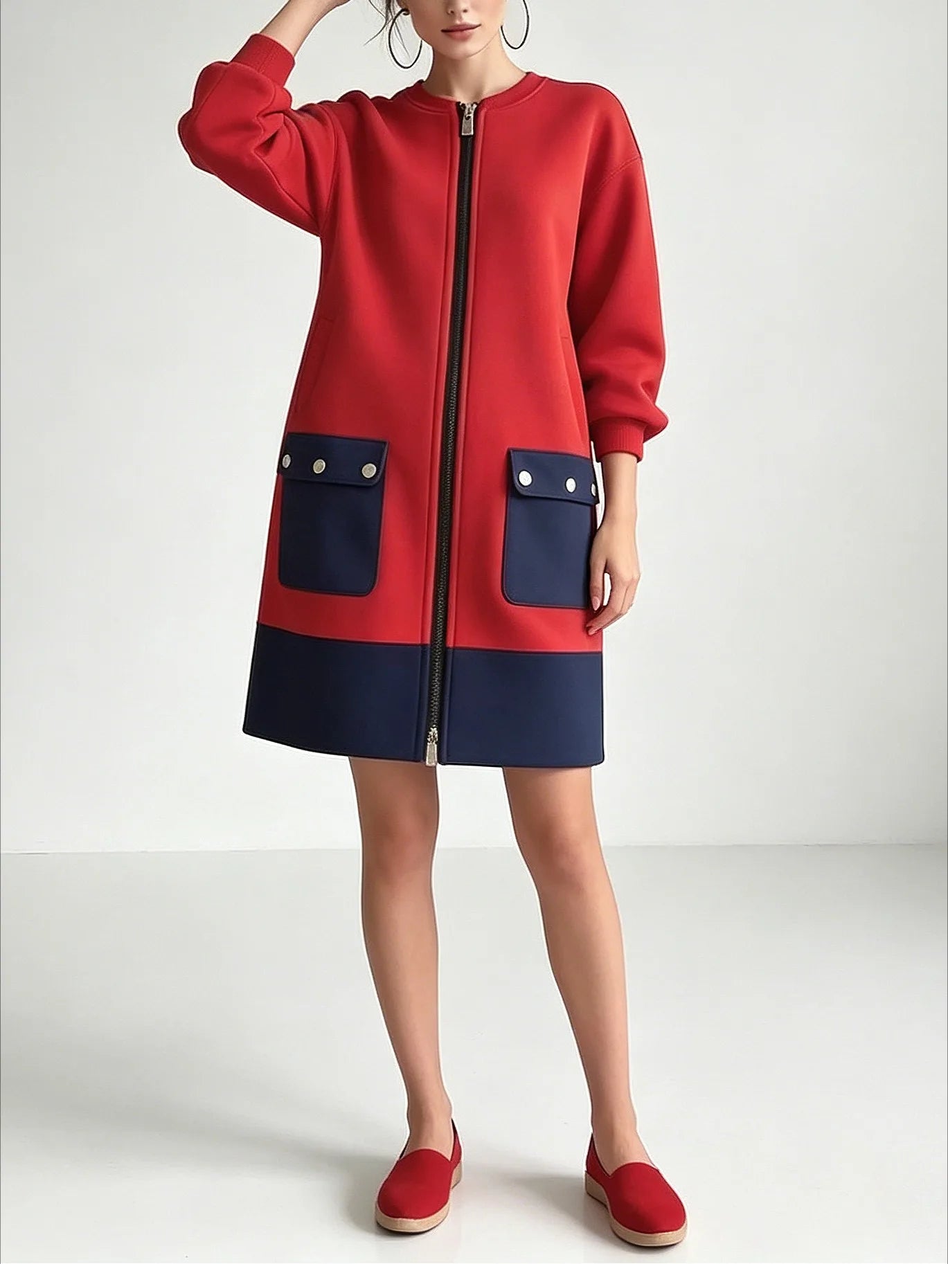 Women’s Red Zip Front Coat Dress | Color Block Long Sleeve Casual Chic Jacket Dress