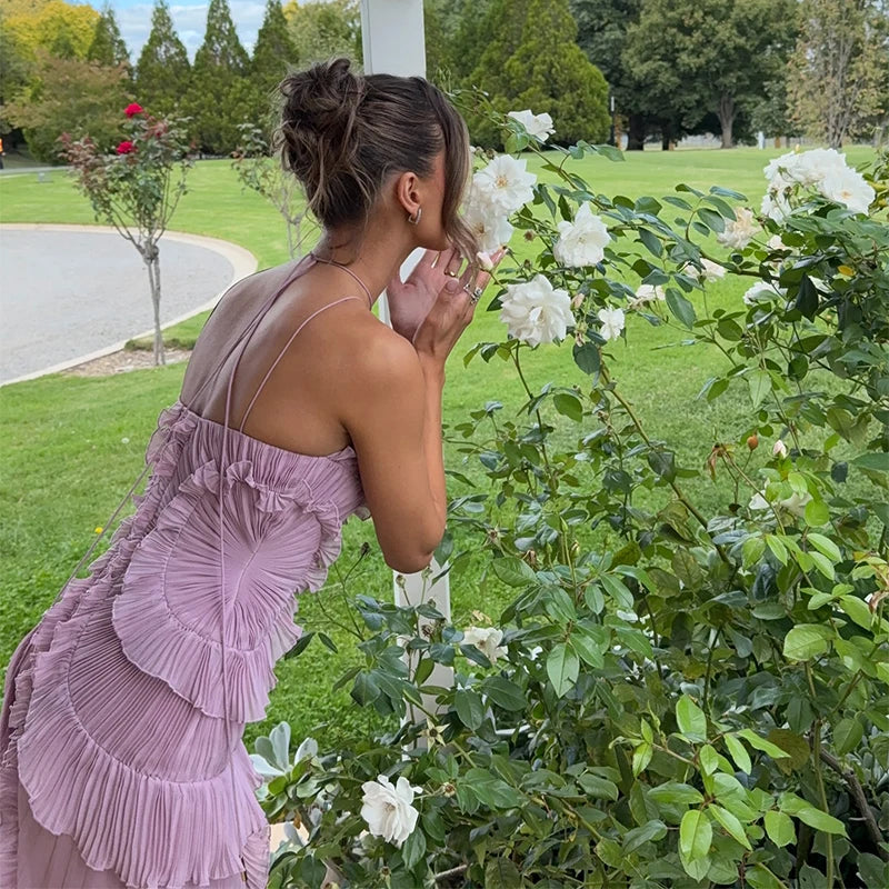 Women’s Lavender Pleated Ruffle Evening Gown | Elegant Halter Maxi Party Dress