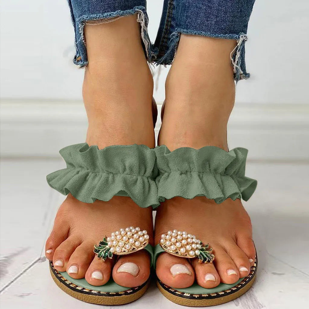Women’s Ruffle Toe Ring Flat Sandals – Pearl Pineapple Slip-On Beach Slides for Summer, Vacation & Casual Wear