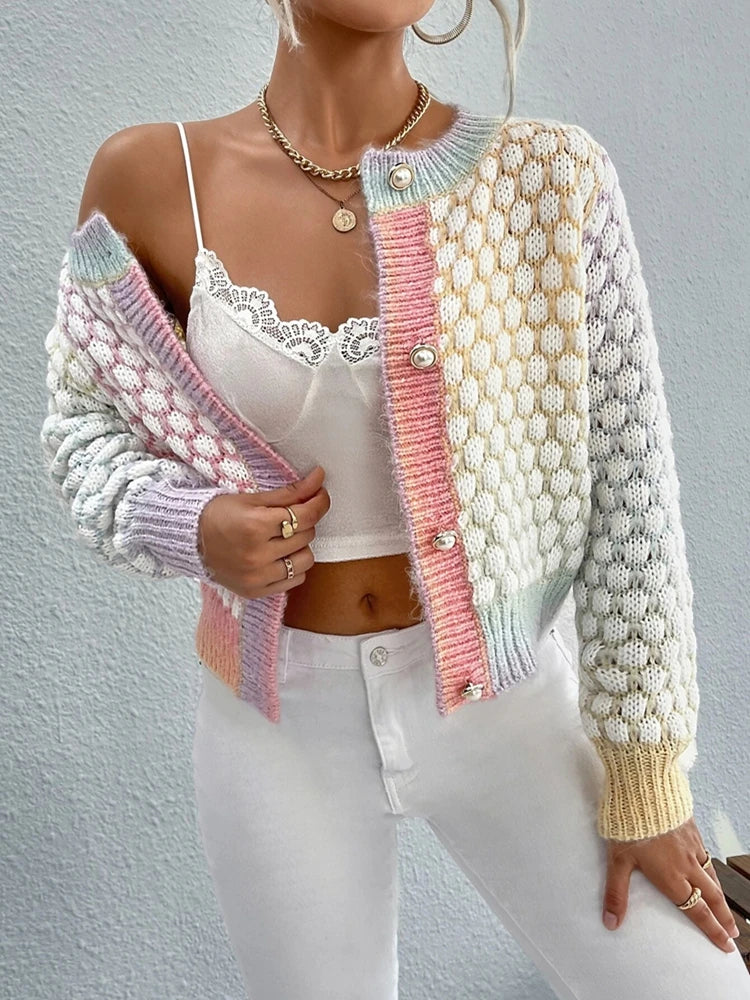 Women’s Pastel Knit Cardigan Sweater | Color Block Chunky Button-Up Cozy Cottagecore Cardigan