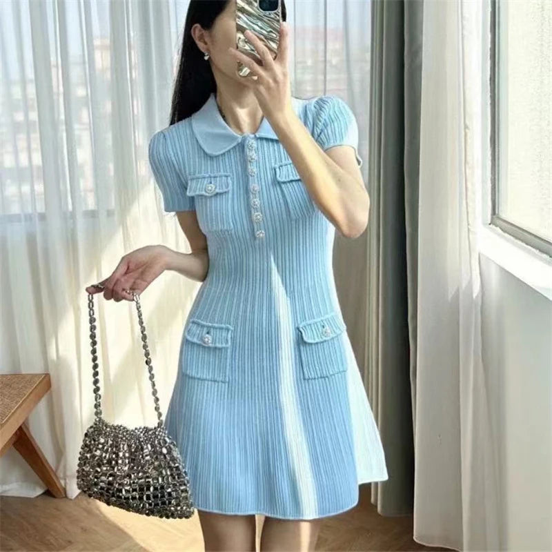 Women’s Light Blue Ribbed Knit Mini Dress | Vintage Collared A-Line Dress with Pearl Buttons for Elegant Everyday Wear