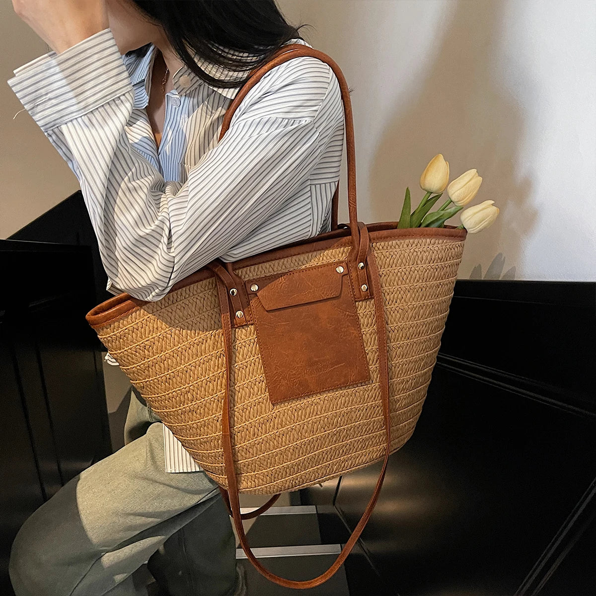 Woven Straw Tote Bag for Women | Summer Beach Shoulder Handbag | Boho Casual Shopper Purse | Large Capacity Travel Bag