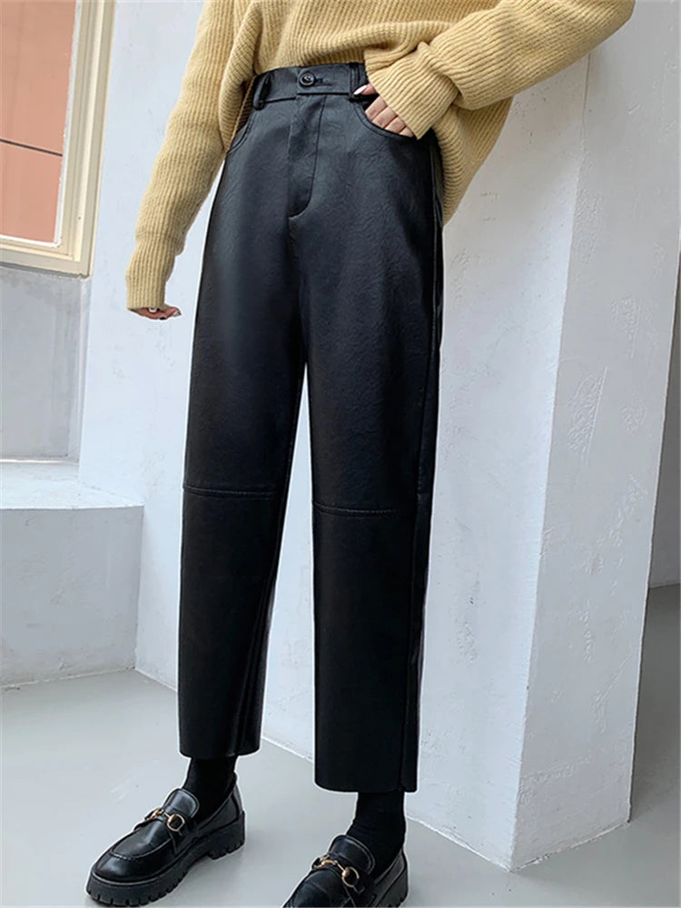 Women Faux Leather Straight Fit Pants High Waist Korean Style Trousers