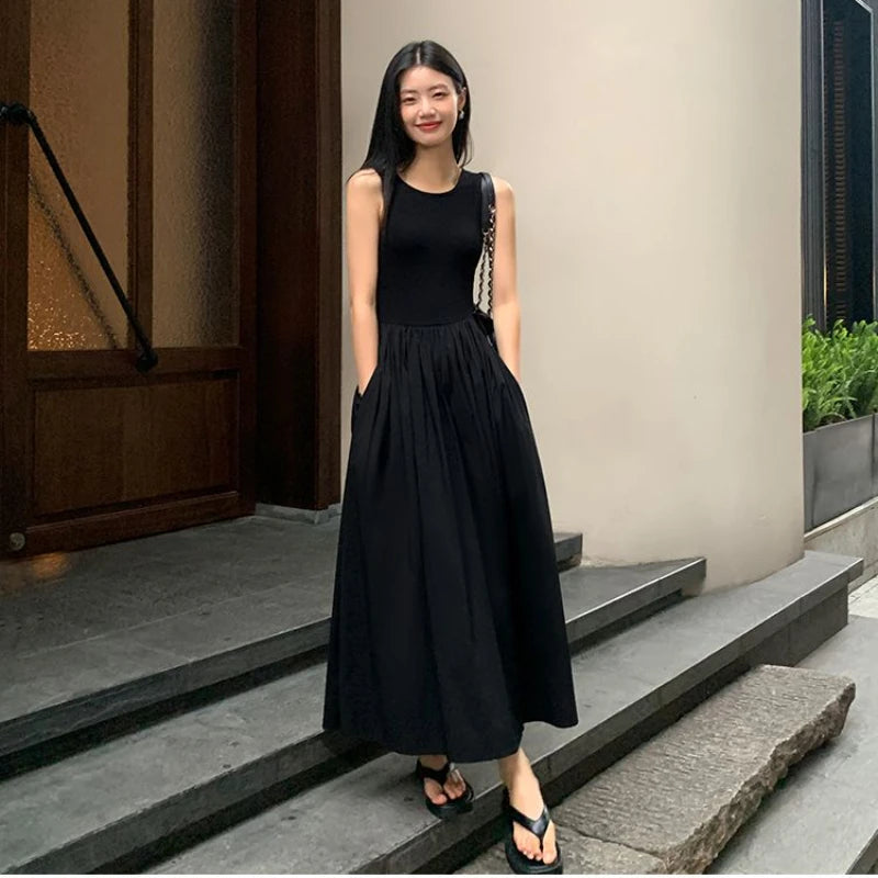 Women’s Black Sleeveless Maxi Dress | Minimalist A-Line Pocket Dress for Casual, Vacation & Everyday Elegance