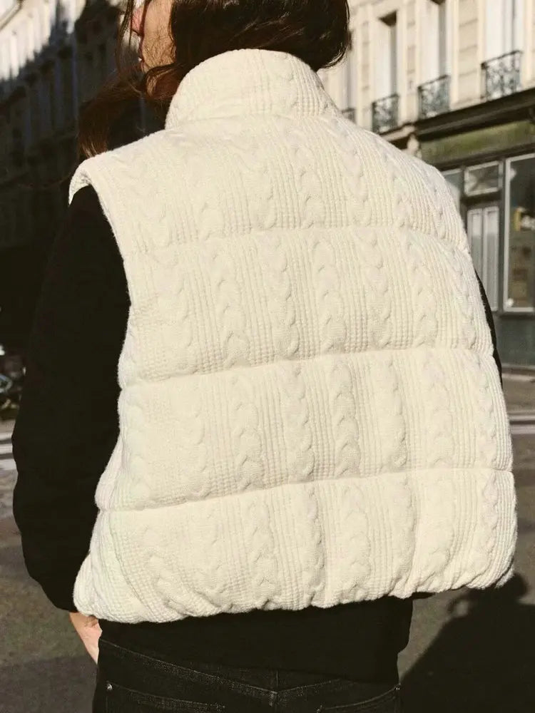 Women’s Cable Knit Puffer Vest | Cozy Zip Up Sleeveless Winter Jacket