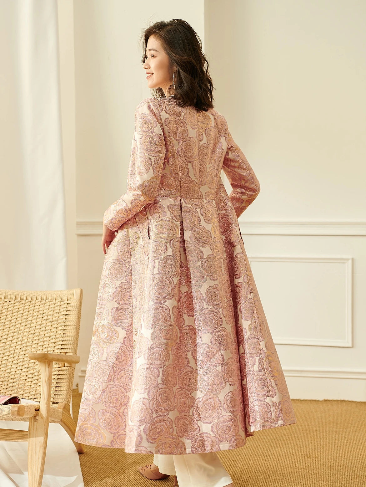 Women’s Elegant Floral Jacquard Maxi Coat Dress | Vintage Inspired Long Jacket