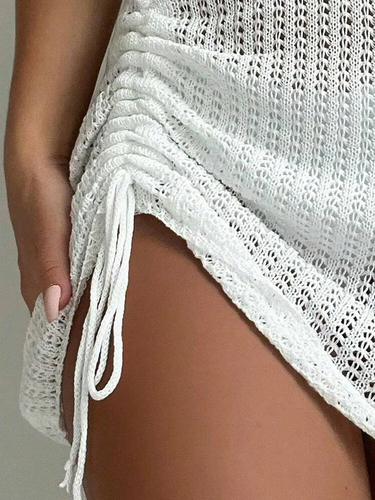 Women Crochet Knit Mini Skirt High Waist Drawstring Beach Cover Up Skirt