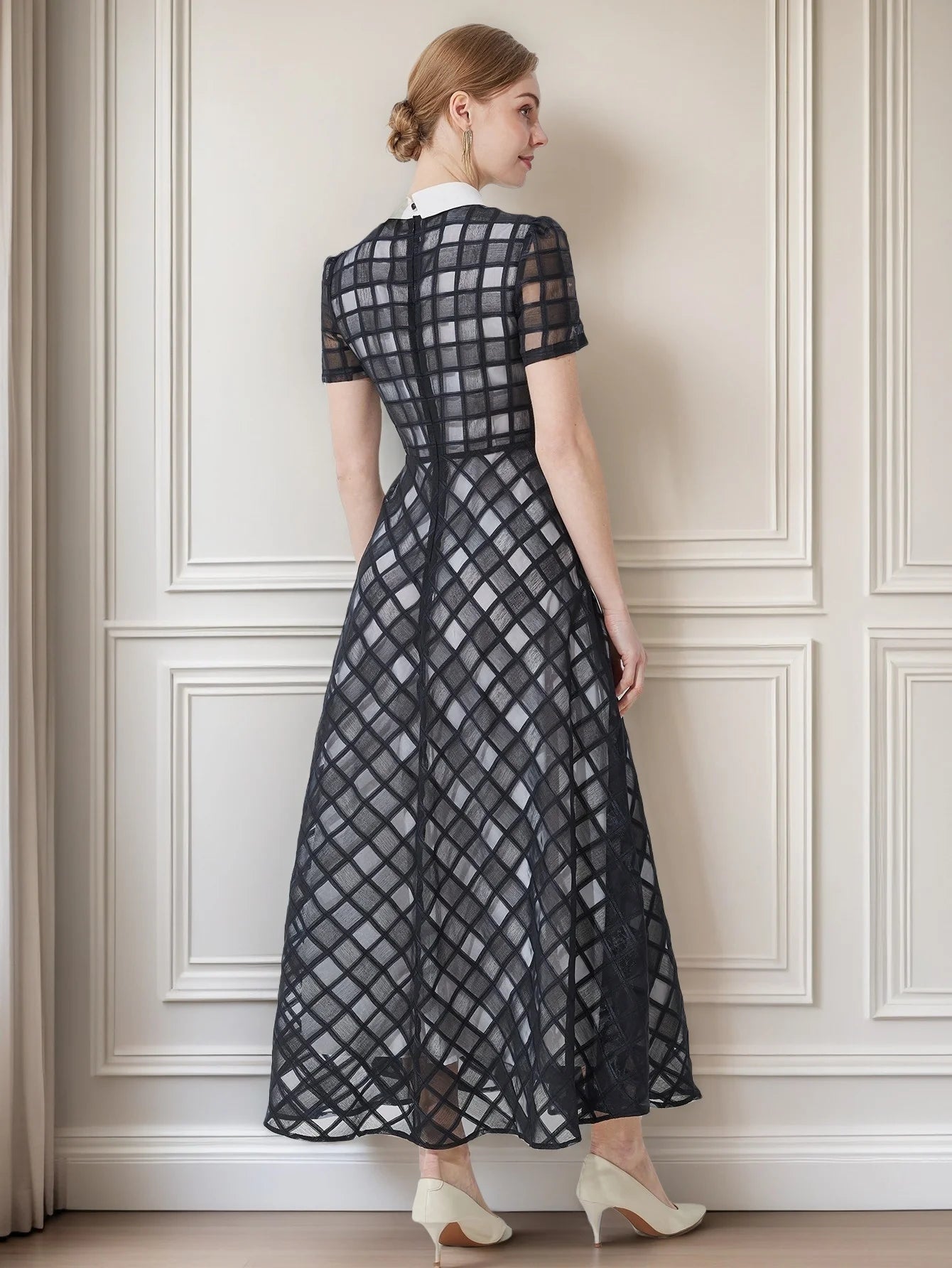 Mesh A Line Midi Dress Women | Short Sleeve Collared Elegant Party Dress